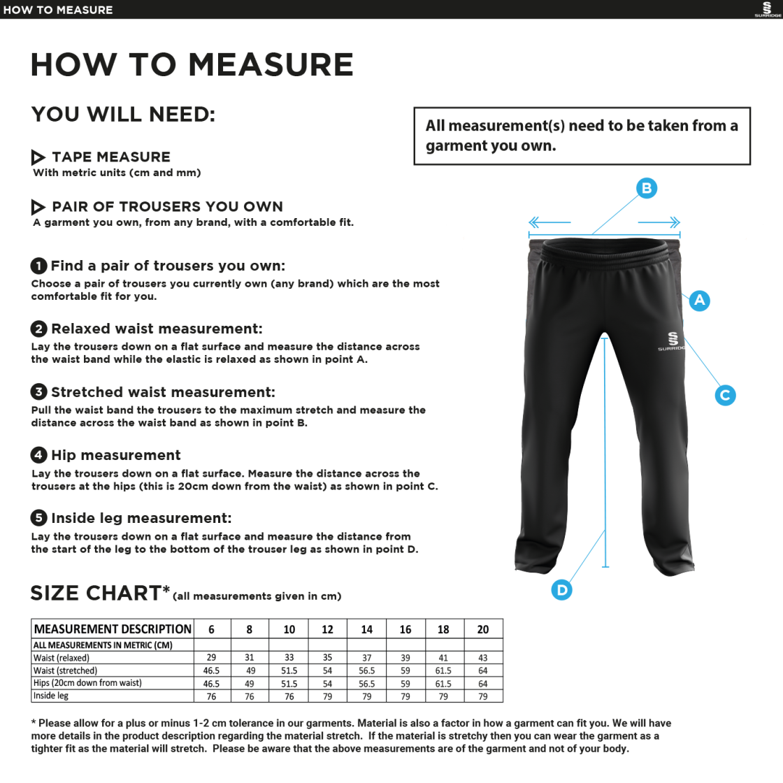 Shrewsbury Hockey Ripstop Track Pant Navy - Size Guide