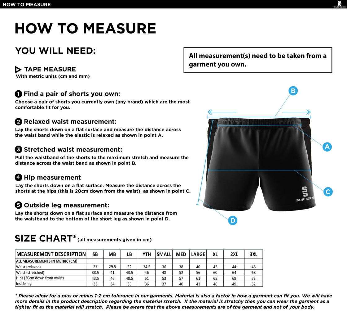 Shrewsbury Hockey Club Shorts Navy - Size Guide