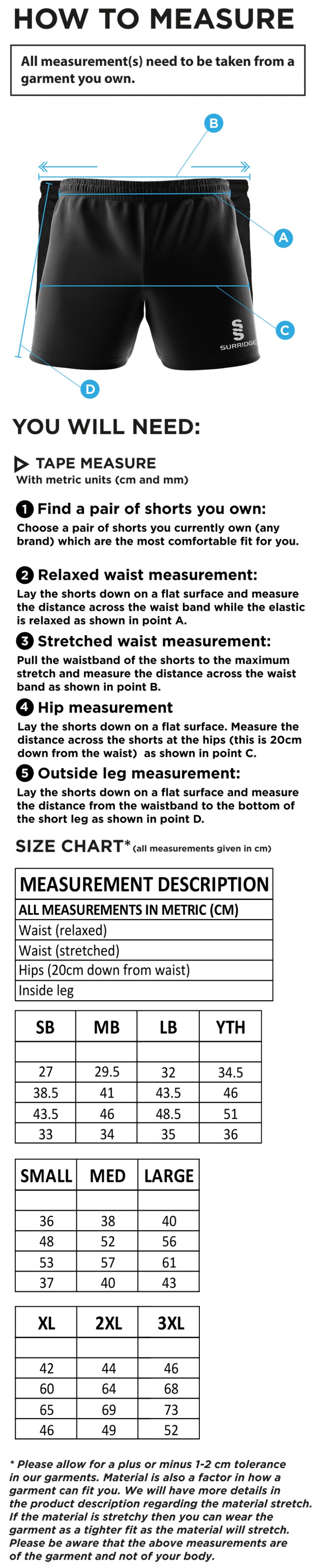 Shrewsbury Hockey Club Shorts Navy - Size Guide