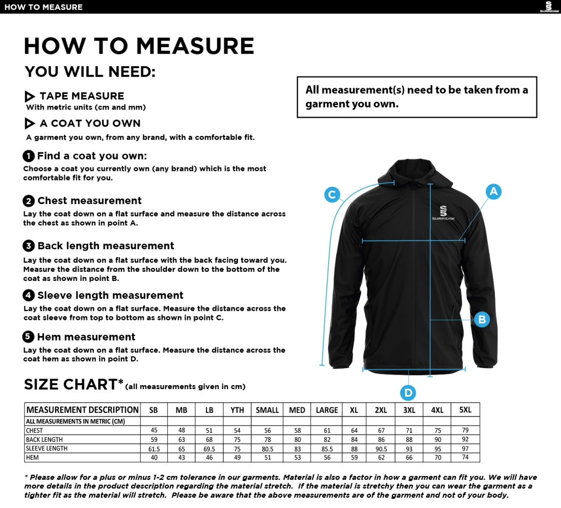 Shrewsbury Hockey Club Training Jacket Navy - Size Guide