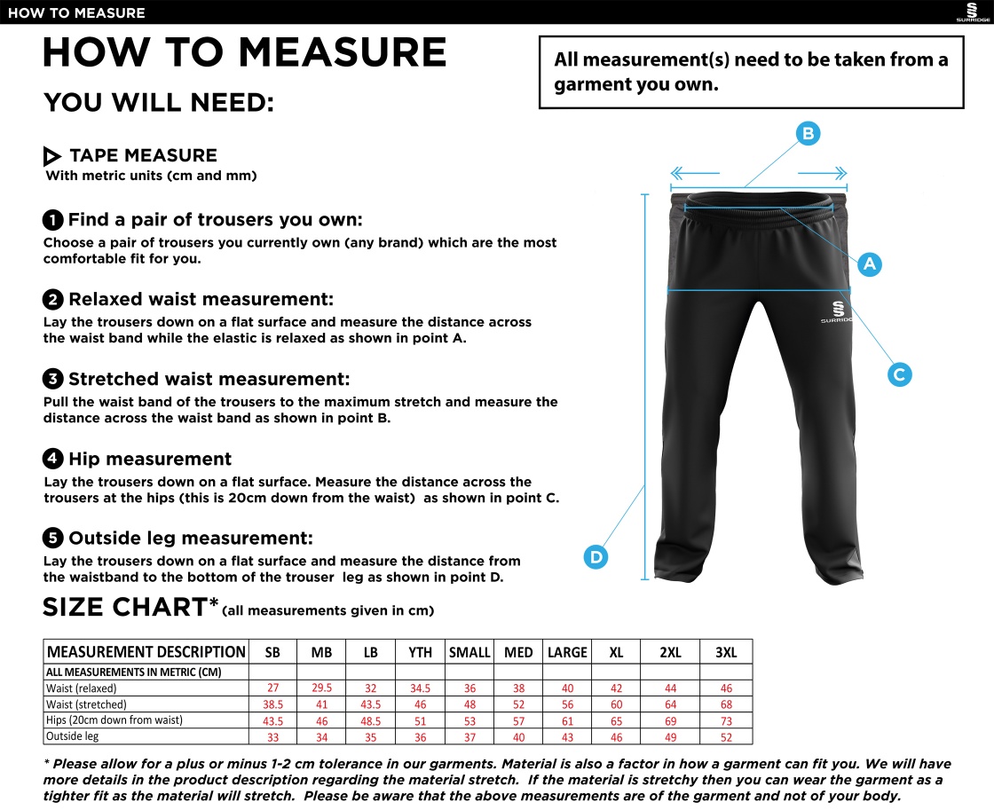 Shrewsbury Hockey Ripstop Track Pant Navy - Size Guide