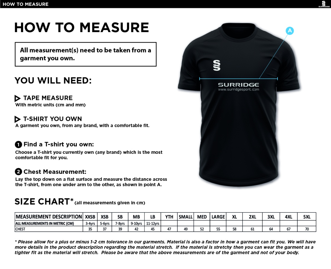 Shrewsbury Hockey Club Dual Training Shirt - Size Guide