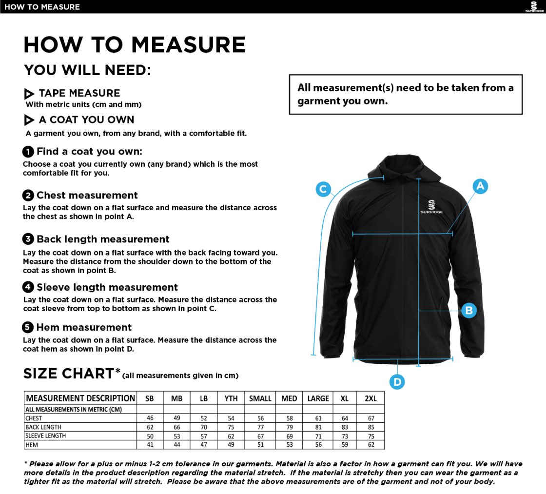 Shrewsbury Hockey Club Training Jacket Navy - Size Guide