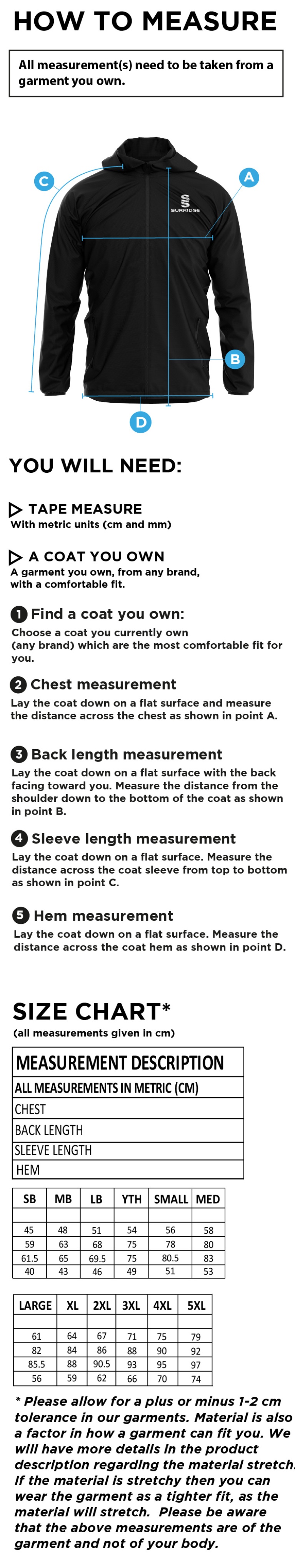 Shrewsbury Hockey Club Training Jacket Navy - Size Guide