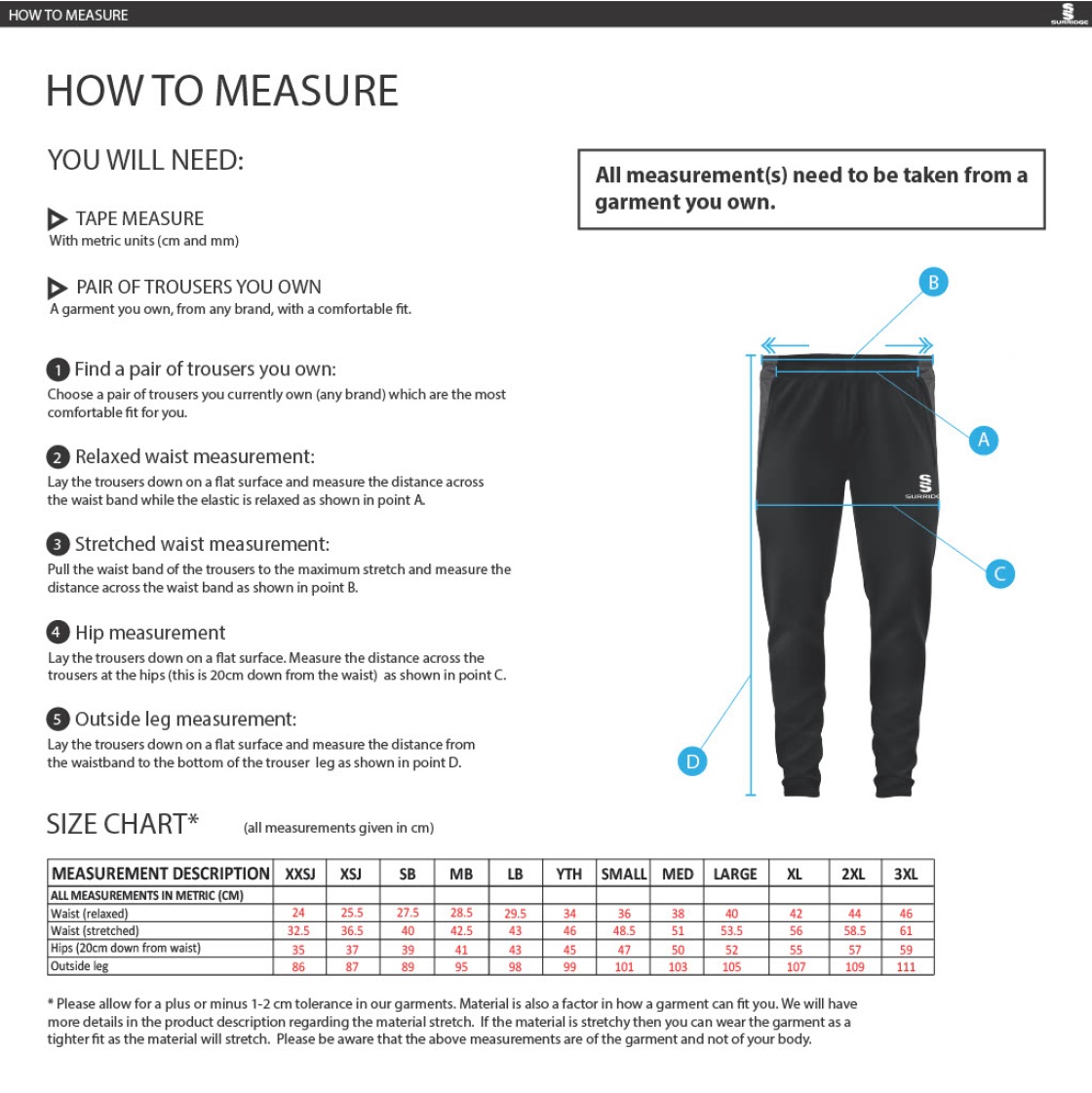 Shrewsbury Hockey Club Slim Pant Navy - Size Guide